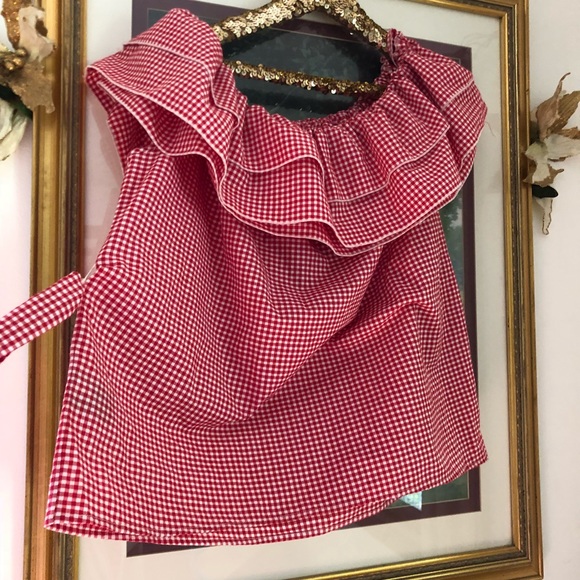 Large double ruffle off shoulder gingham top NWT L - Picture 4 of 5
